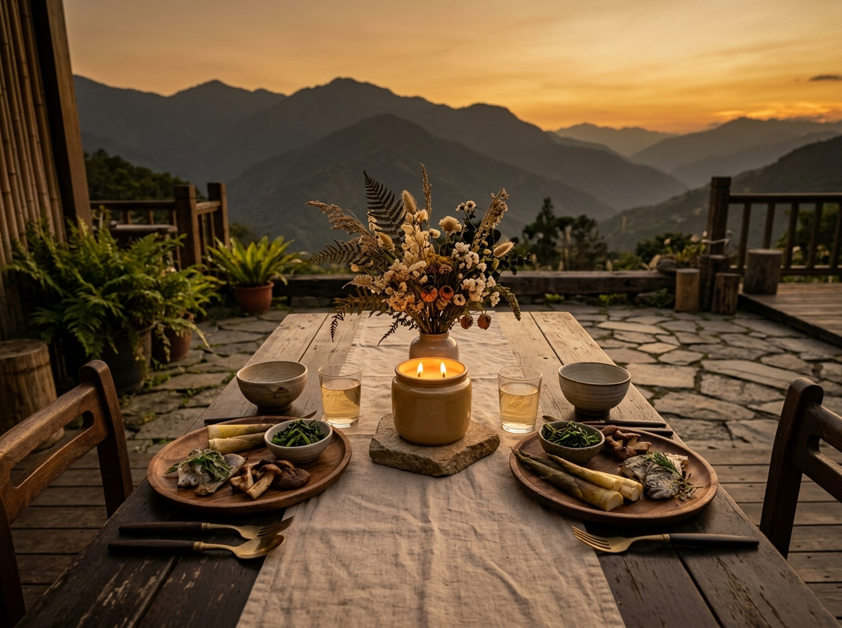 山林木質餐桌 — 蠟燭中央暖光、當令食材、遠山剪影