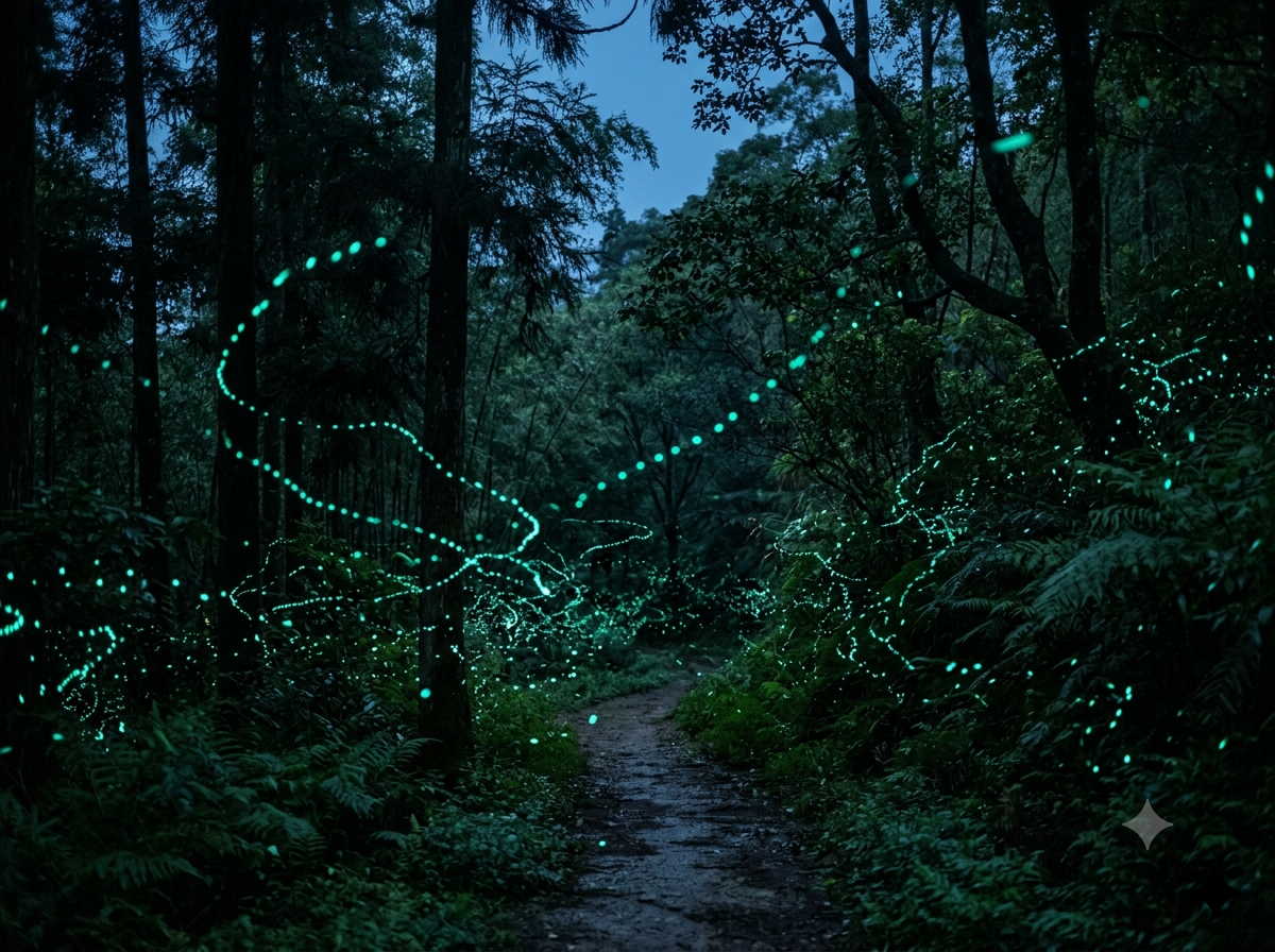 苗栗山林夜晚螢火蟲長曝 — 藍綠光點散落於深藍夜空