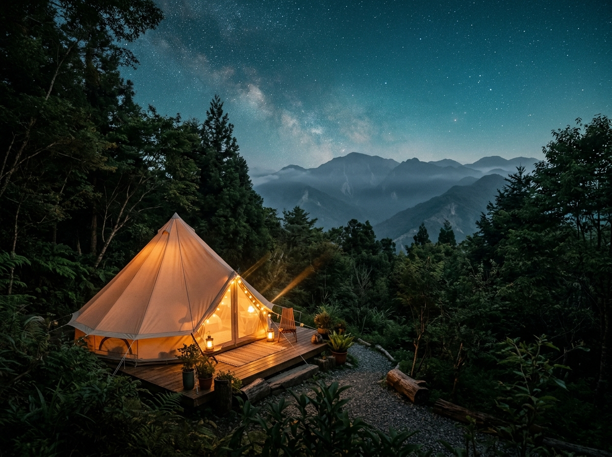 山林星空帳篷夜景 — 暖燈透光、銀河夜空